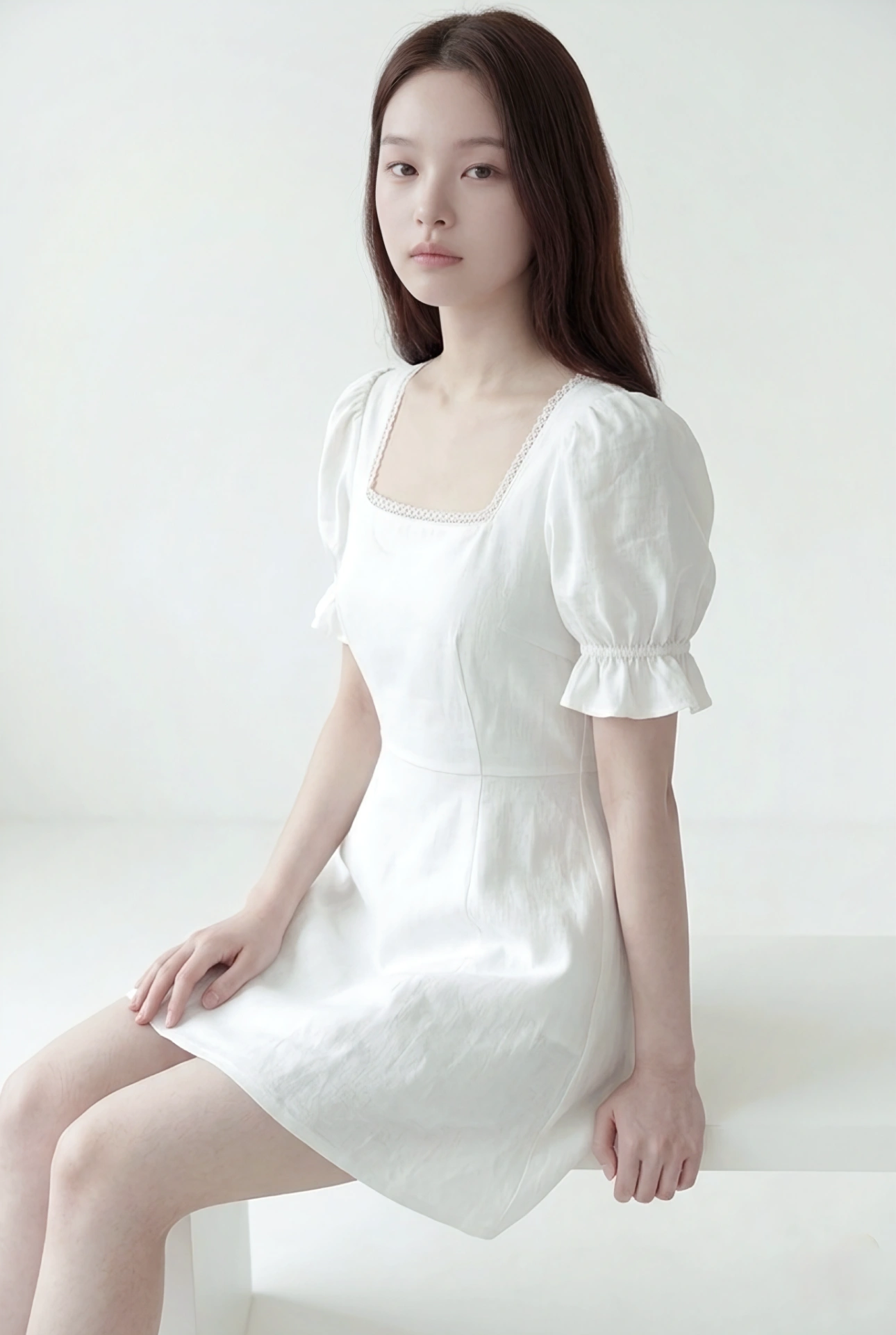 Puffärmel-Leinenkleid aus Muguet-Spitze